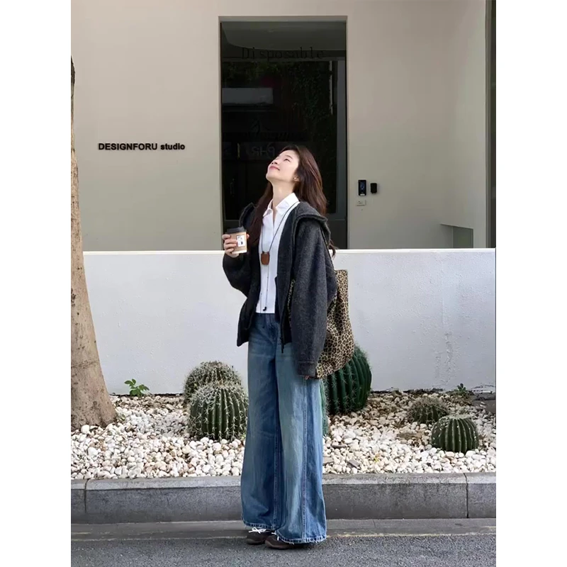 MARIE.COCO长袖毛衣外套内搭衬衫女秋季新款做旧阔腿牛仔裤三件套