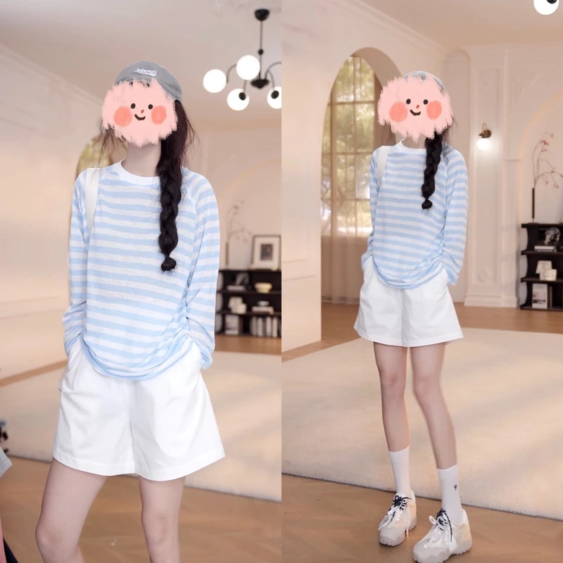 夏季条纹长袖防晒T恤减龄白色高腰休闲短裤套装