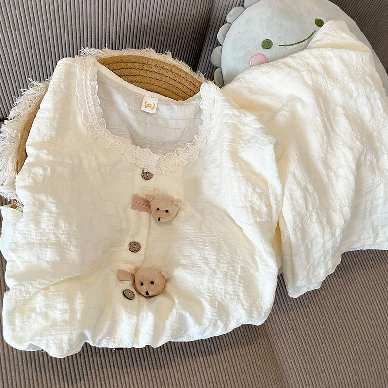 带胸垫睡衣女春秋季新款云朵棉长袖甜美可爱小熊少女可外穿家居服