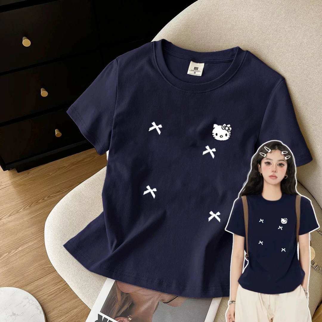 【AORSKK】2025夏季新款圆领正肩短袖t恤女甜辣风Kitty猫休闲上衣