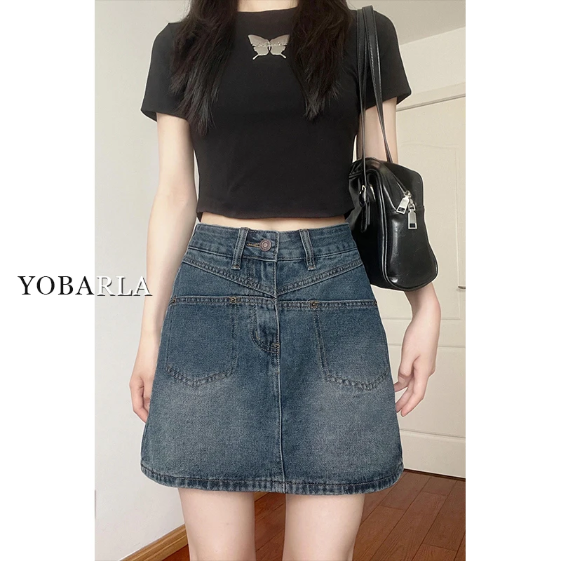 复古高腰牛仔腿粗屁股大短裙女秋冬新款大码宽松遮肚a字半身裙