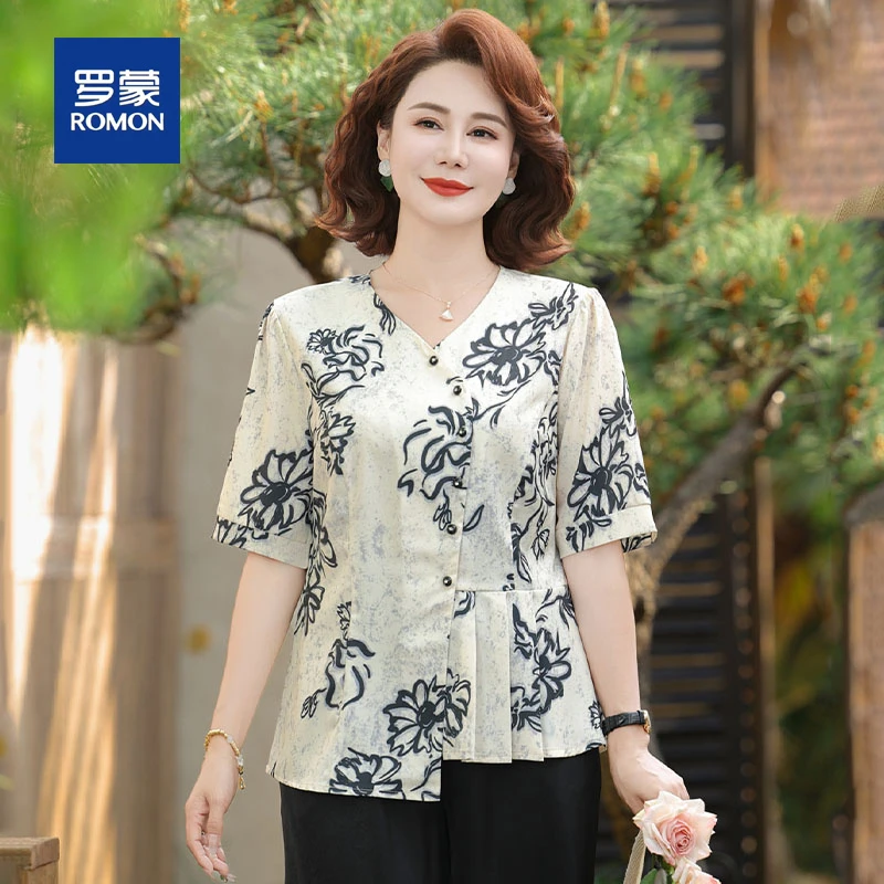 罗蒙时尚中年妈妈夏装新款V领显瘦衬衫贵夫人气质碎花T恤小衫套装