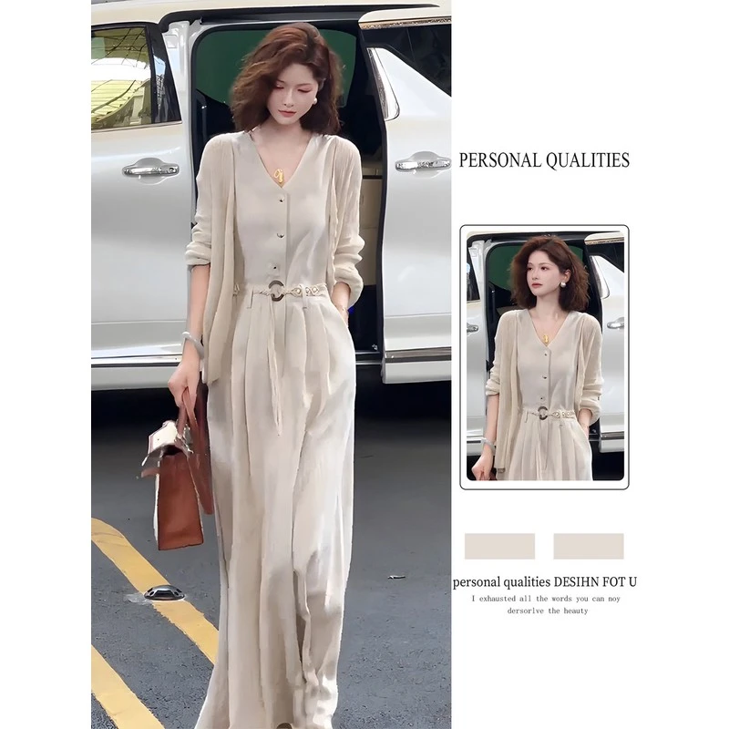 气质宽松长袖开衫显瘦连衣裙套装