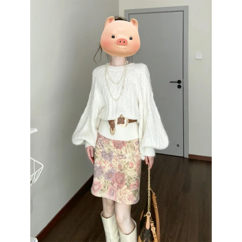 MARIE.COCO甜美减龄慵懒风灯笼袖针织毛衣女秋季碎花半身裙两件套