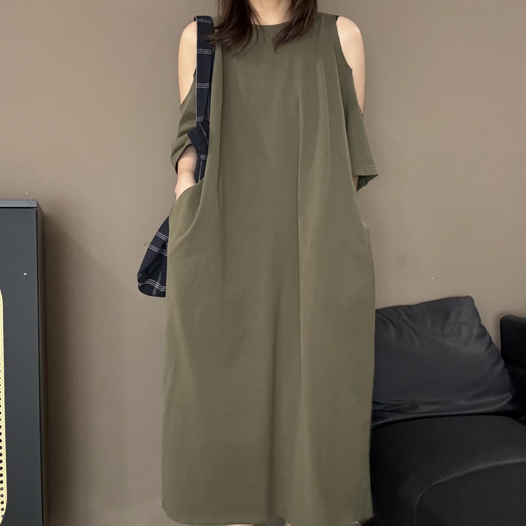 小众设计感时尚露肩连衣裙夏季气质宽松休闲显瘦T恤裙-2571