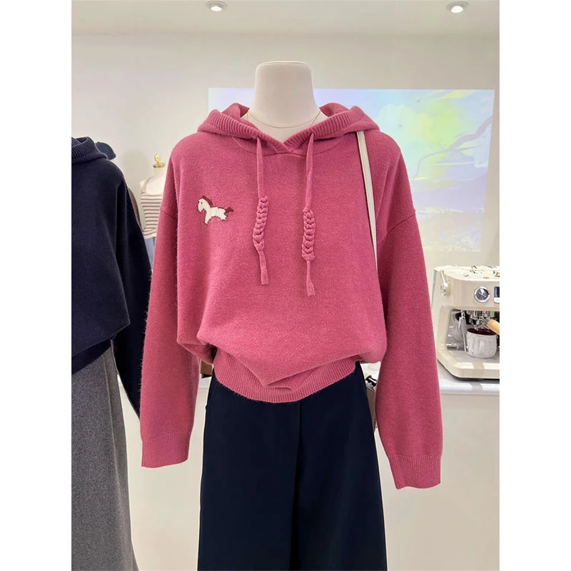 【现货现发】韩系软糯宽松显瘦抽绳温柔连帽针织衫卡通小马提花毛衣