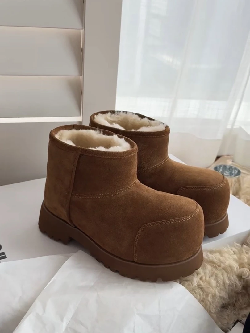 诗歌兰雪地靴女2025冬新款时尚厚底复古大头丑萌保暖加绒雪地棉鞋