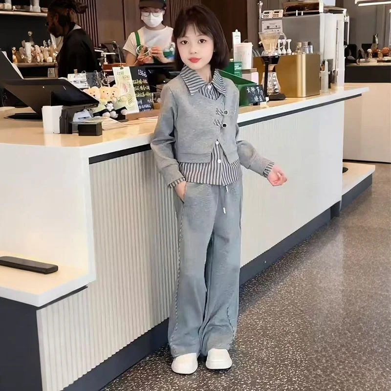 女童秋装拼接条纹衬衫假三件套装2025春秋中大童时尚韩版潮酷套装