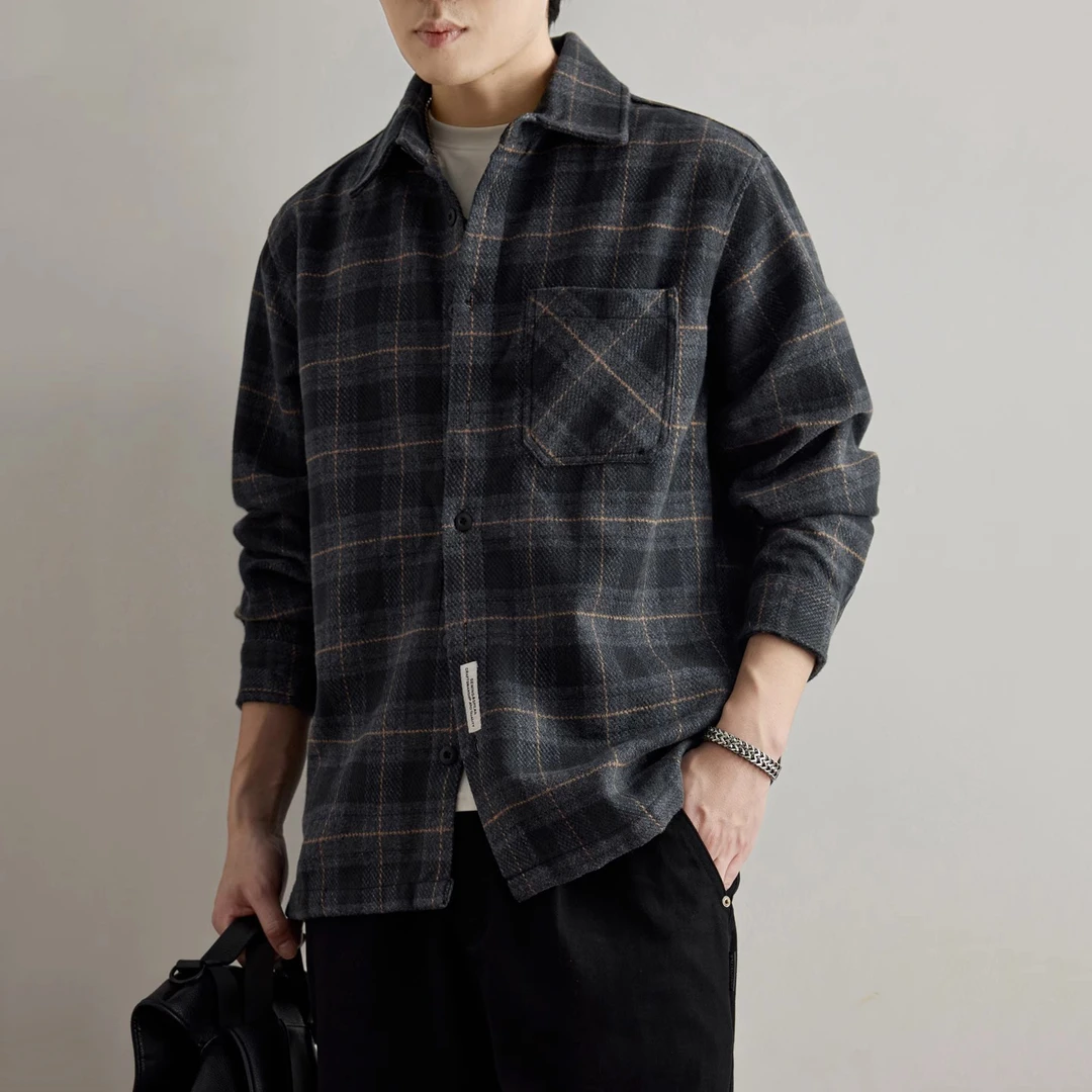高级感休闲痞帅格子长袖衬衫男秋季新款宽松美式重磅磨毛复古外套
