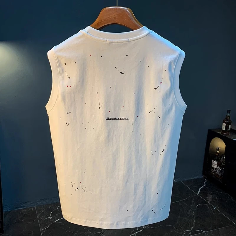 Cebrodz新款夏季背心T恤男潮流漆点宽松坎肩无袖体恤冰丝运动汗衫