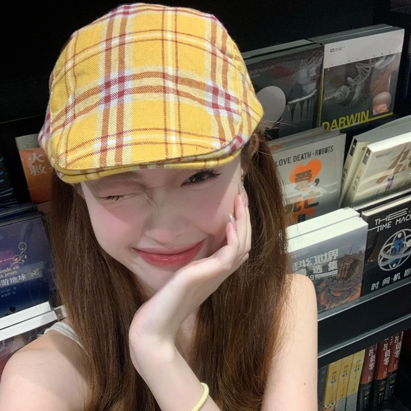复古英伦格纹前进帽女艺术生反戴画家显脸小贝雷帽小众鸭嘴帽子潮