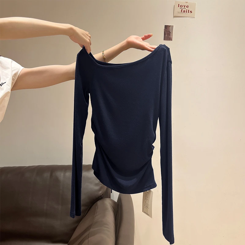 【现货】藏蓝色斜肩露肩长袖t恤女秋褶皱小众设计感内搭打底衫上衣