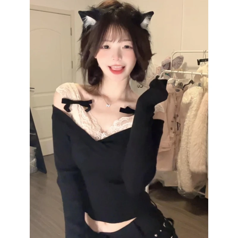 【现货】韩系蝴蝶结蕾丝吊带针织衫女春秋季时尚甜美风修身上衣潮