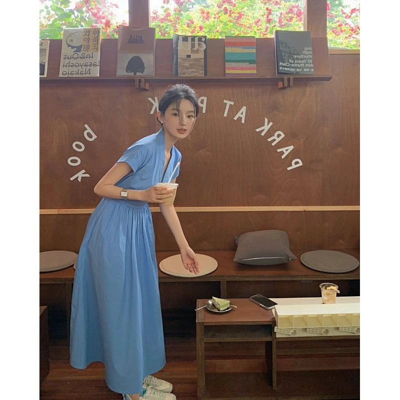 22495连衣裙显瘦气质蓝色夏季复古长款学生日常显瘦气质蓝色夏季