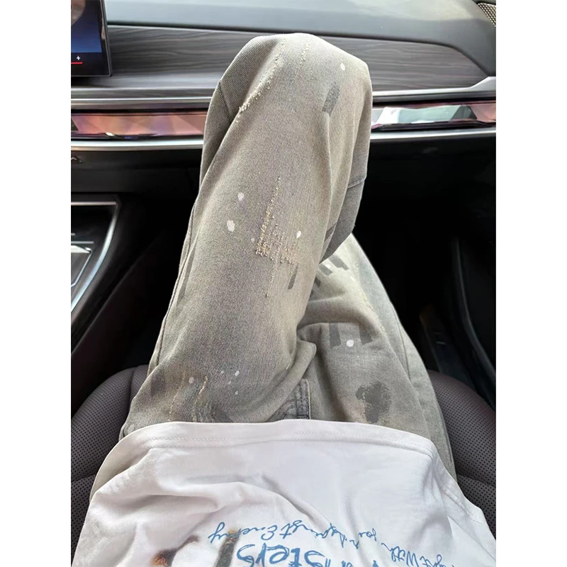 美式复古牛仔裤男夏季潮流泼墨扎染宽松直筒裤小众设计感休闲长裤