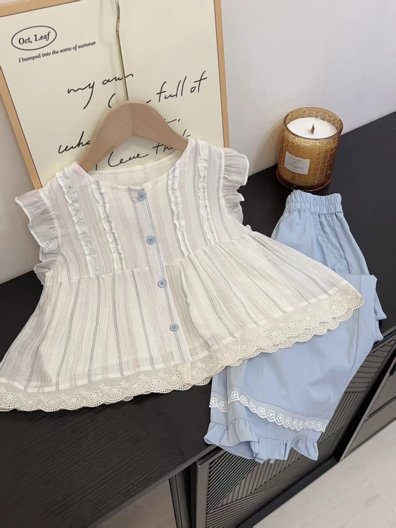 儿童套装夏季新款两件套小清新风格蕾丝无袖韩版