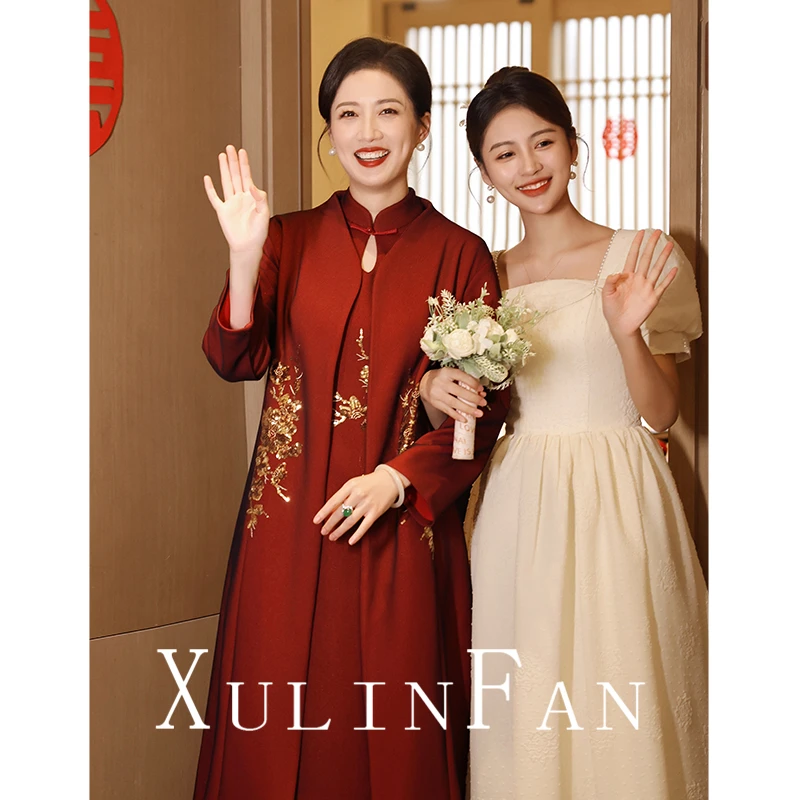 喜婆婆婚宴装两件套妈妈结婚礼服小个子旗袍外套秋冬高端喜服大码