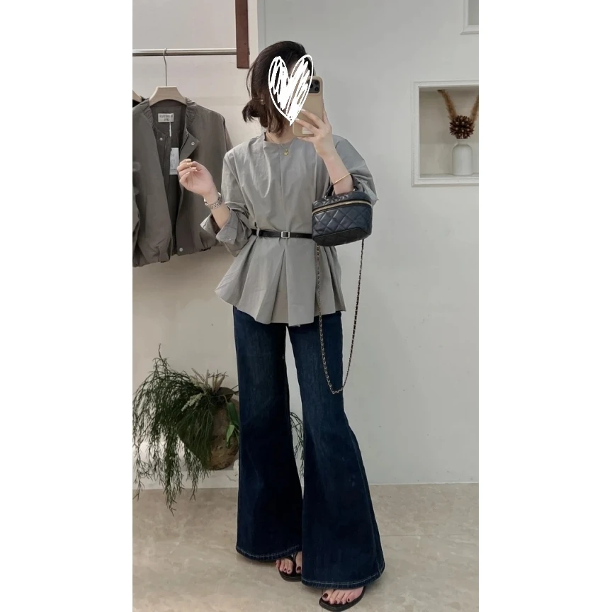 【韩系派】2025年小众收腰长袖压褶配腰带衬衫简约法式设计感上衣女