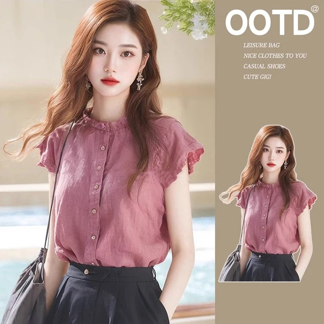 木耳边立领亚麻小飞袖衬衫女大码设计感小众夏季独特漂亮小衫上衣
