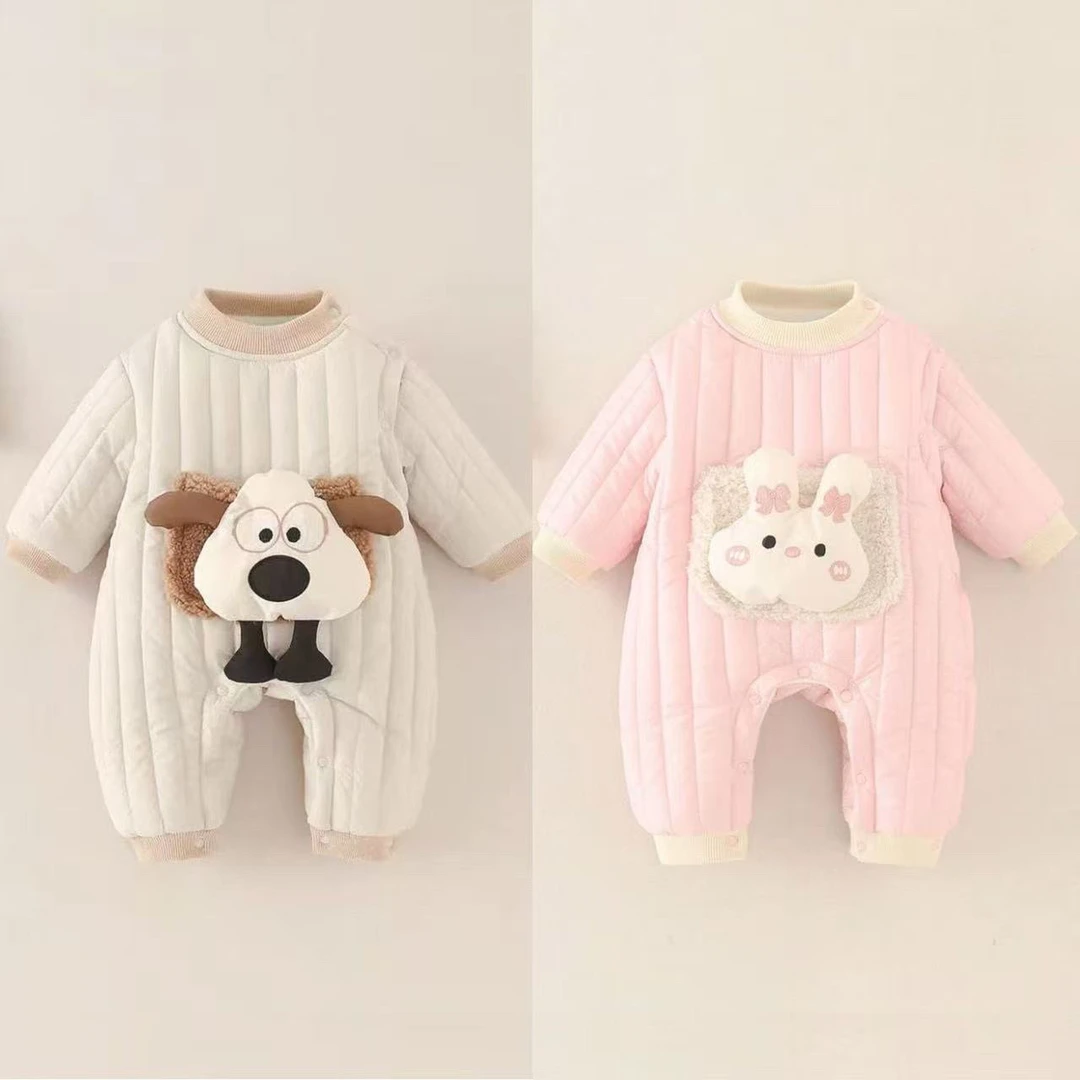 秋冬季宝宝卡通加绒婴儿连体衣爬服新生儿冬装衣服洋气哈衣外出服