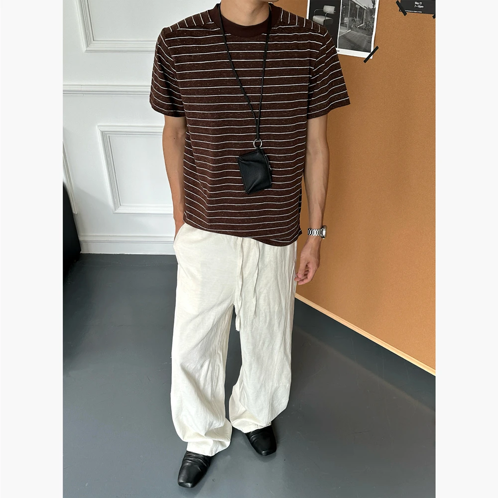 CZ2老钱亚麻条纹拼接新贵短袖t恤男女boxy正肩夏日极简宽松上衣