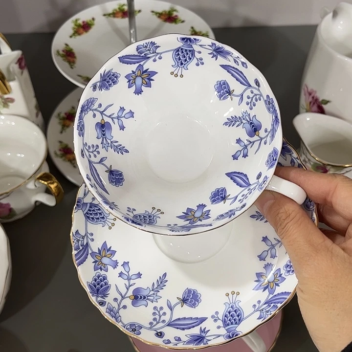 瓷片骨瓷青花荷口杯碟一套