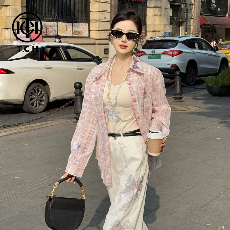TCH现货私服烫钻工艺粉格纹蝴蝶结时尚衬衫女T75A13E5005轻奢tch