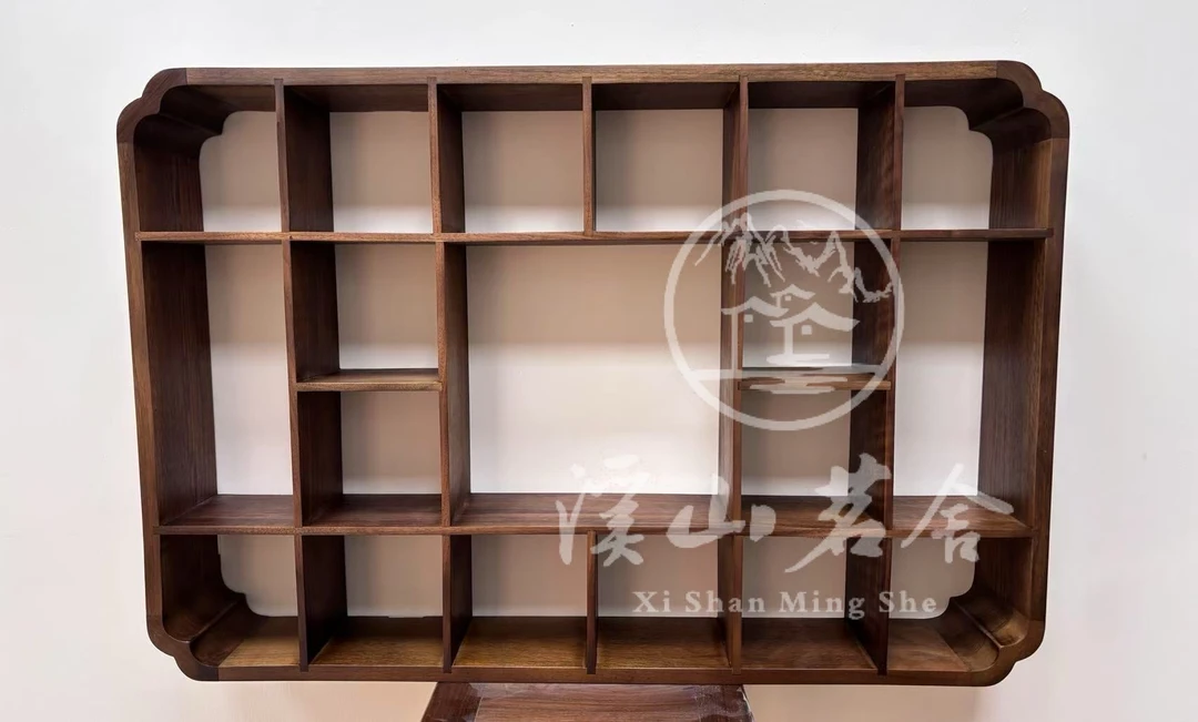 溪山茗舍【19格】北美黑胡桃木海棠角格多宝阁收纳紫砂壶杯架