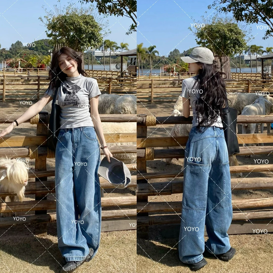 YOYO自制【口袋裤】春款显瘦宽松复古韩版水洗牛仔阔腿拖地裤