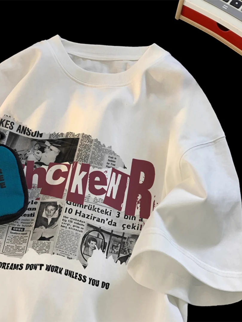 美式报纸印花短袖T恤男款夏季潮牌潮流宽松圆领上衣白色重磅体恤