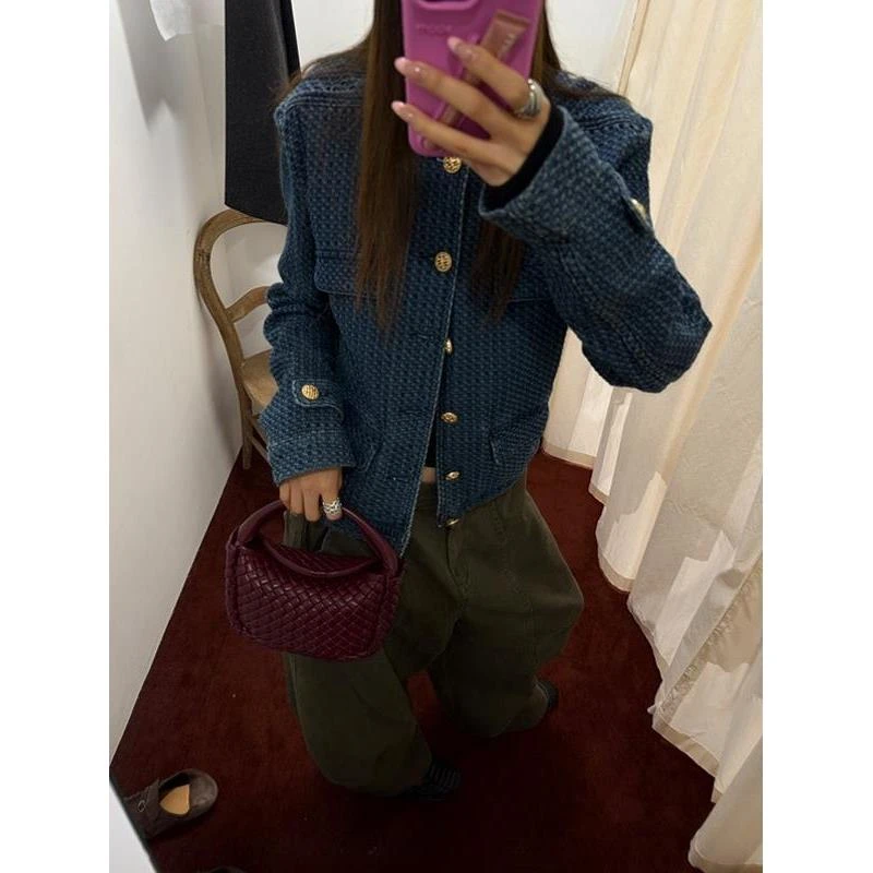 老钱调小众肌理感牛仔小香外套女春秋季韩版气质立领百搭夹克上衣