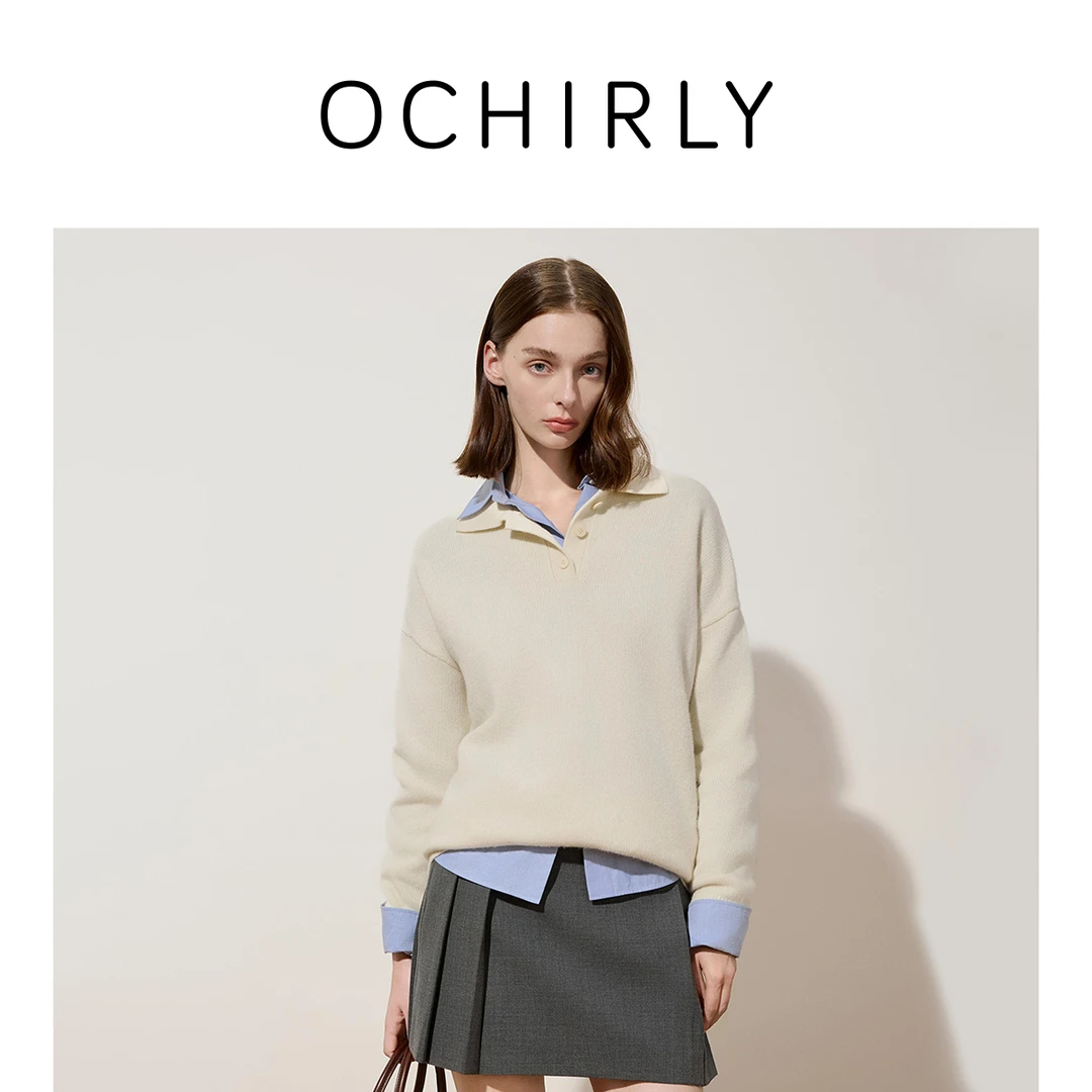 【季末折扣】欧时力100%羊毛Polo领毛衣上衣宽松中长2025秋冬新品