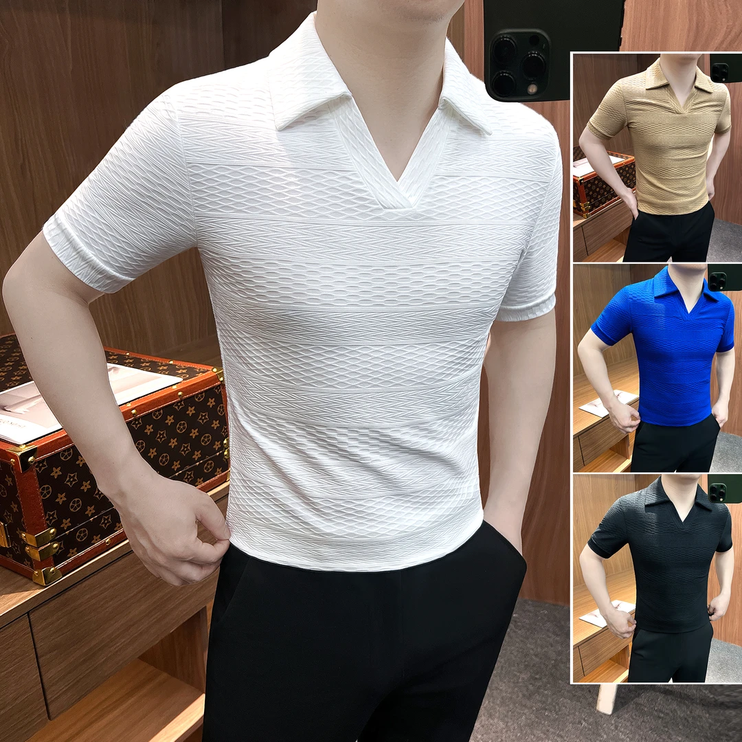 提花男士短袖t恤2025新款爆款秋季休闲男装高级感小V领男款上衣服