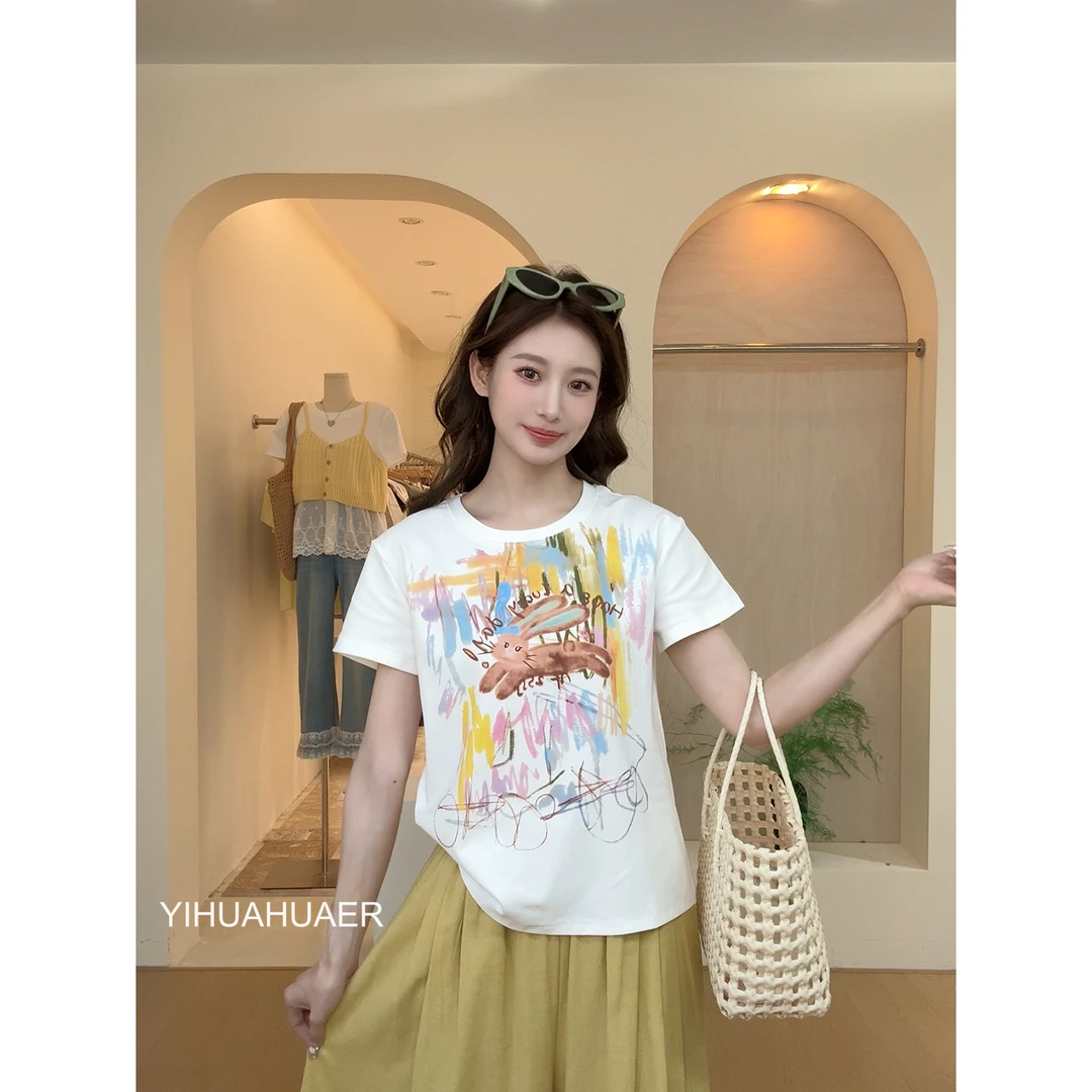 【涂鸦兔】东大门韩国原单夏款彩色涂鸦印花透气减龄百搭T恤2895