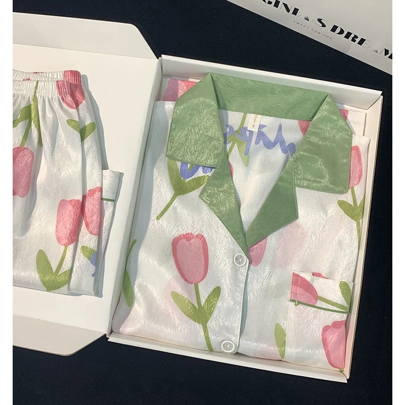 冰丝新款睡衣女夏天短袖薄款高级感网红风甜美开衫家居服套装夏季