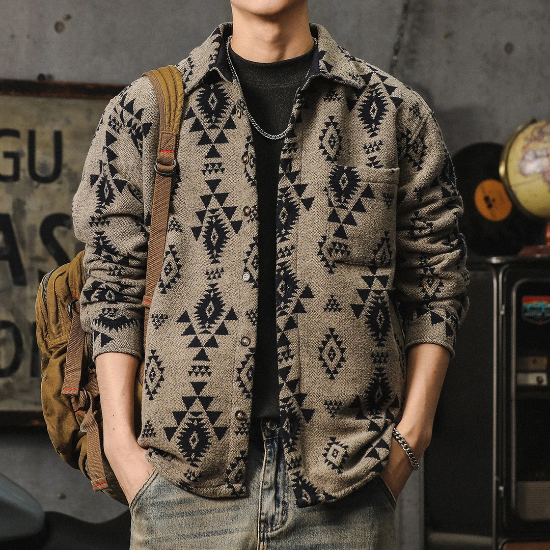 美式重磅提花衬衫男秋季新款复古痞帅毛呢衬衣高级感翻领工装外套