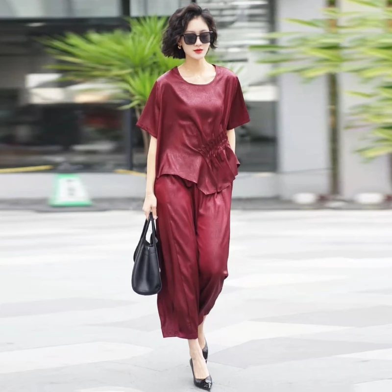 3303-8醋酸真丝提花宽松显瘦小脚裤哈伦裤气质纯色减龄两件套装夏