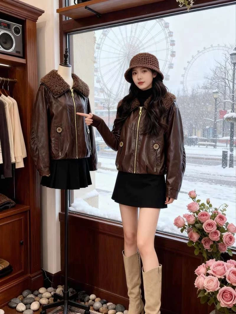 海宁翡翠绵羊真皮衣皮草加绒加厚短款轻奢鹅绒服拉链冬季女装韩版