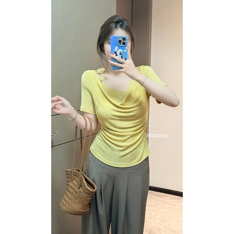 现货款王等等【曼城夏日】夏季新款垂顺冰丝荡领针织上衣U225Y08423