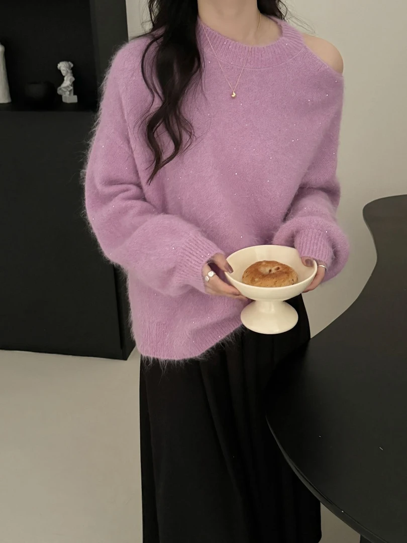 圆领单肩亮片羊驼毛上衣