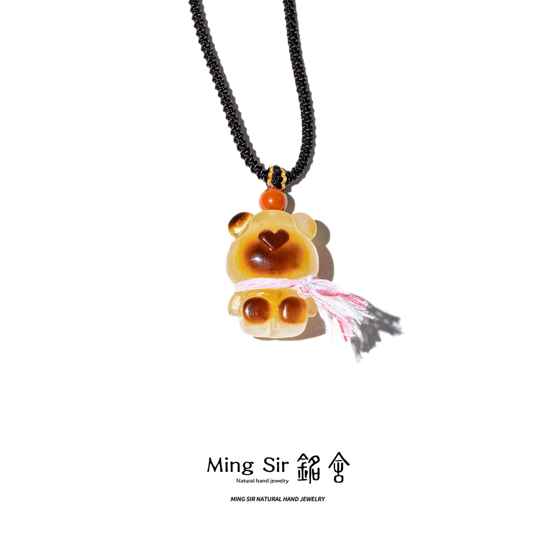 【铭舍 俏皮熊】琥珀蜜蜡焦皮料丝巾小熊雕刻配珠福利颈饰文玩珠宝