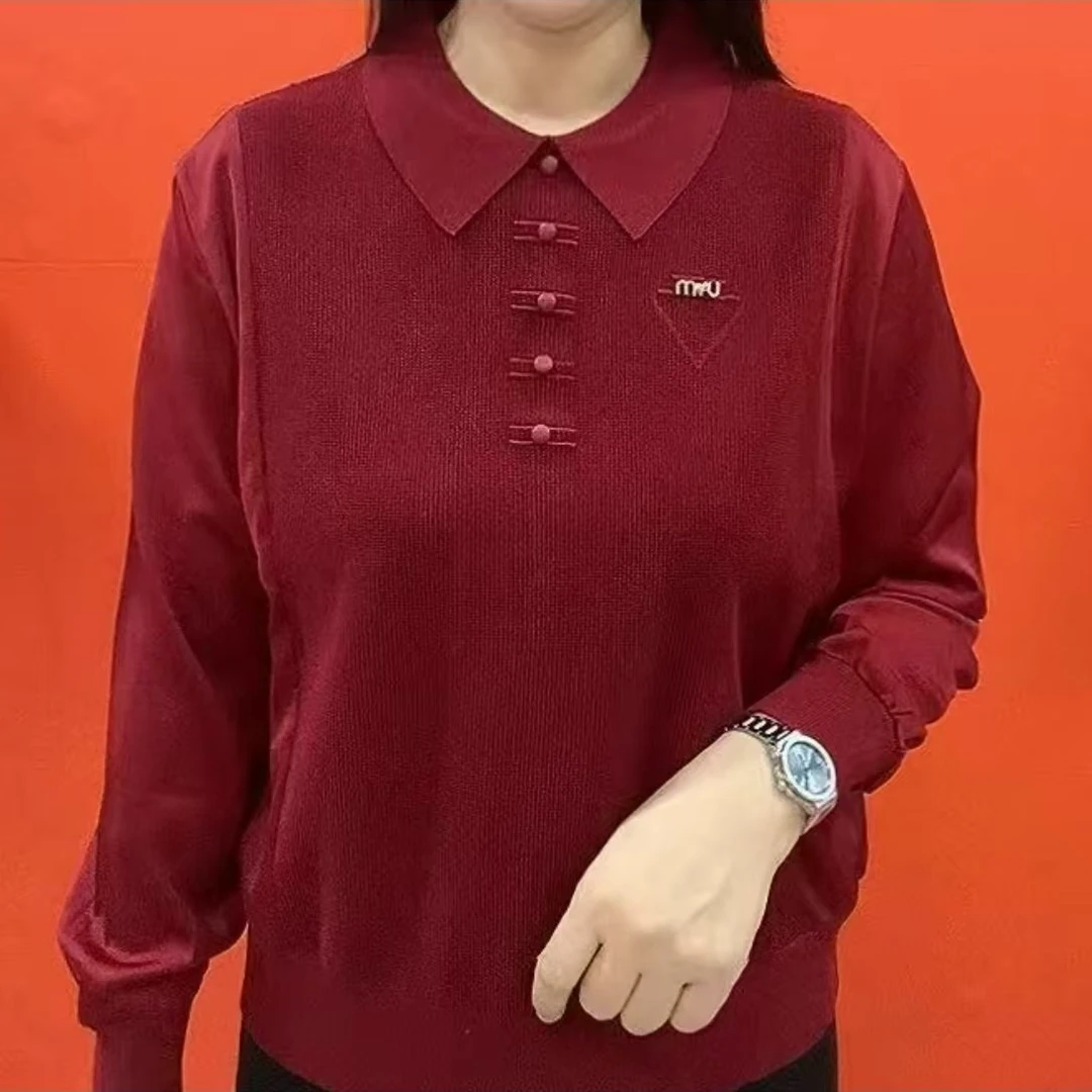 翻领长袖减龄极简风拼接焦麻上衣女装复古针织时尚网红