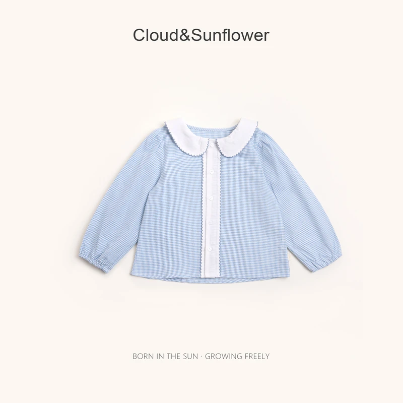 【云朵小葵】女童秋季五粒扣蓝色格子娃娃领休闲娃娃衫1114465