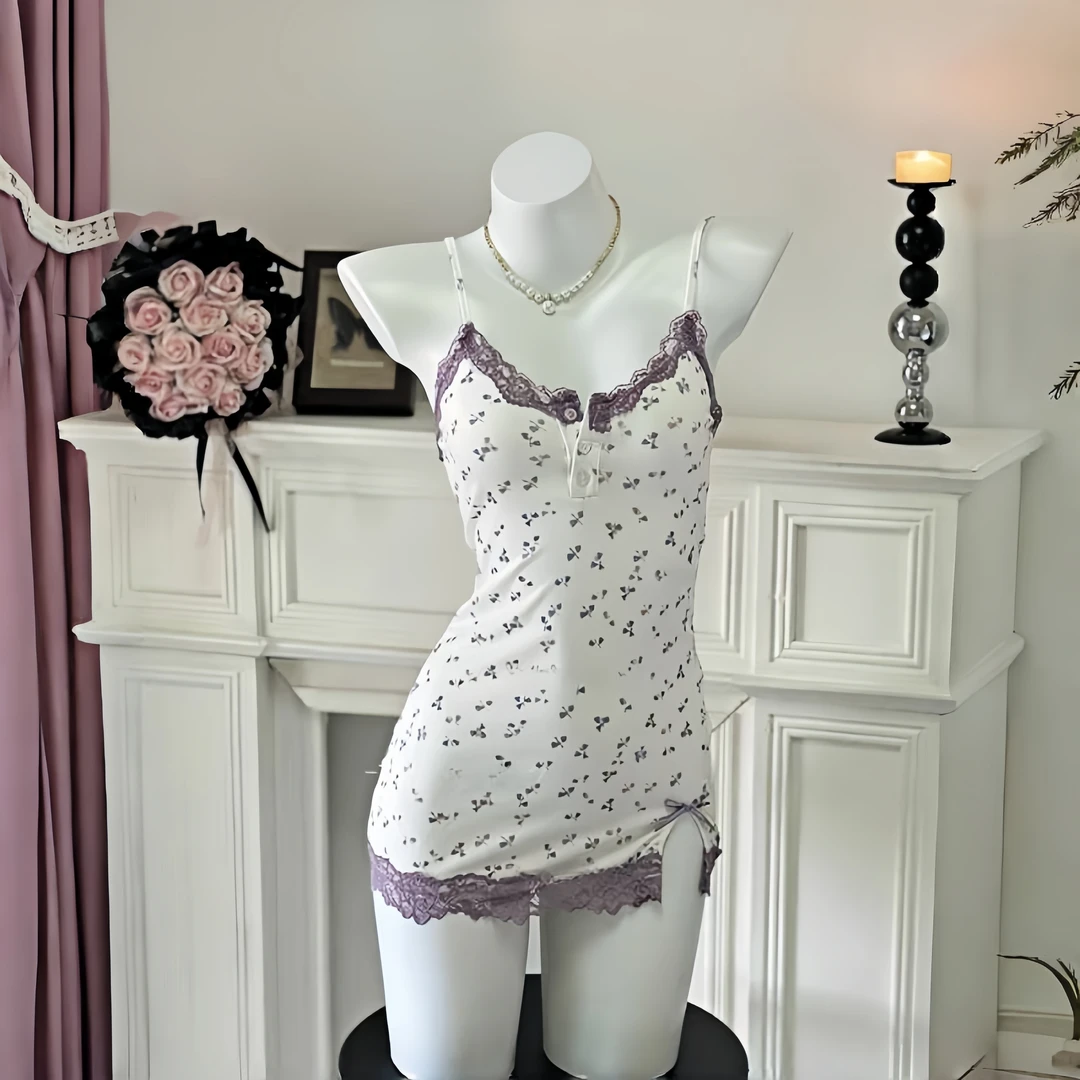 纯欲紫色碎花吊带带胸垫睡衣女螺纹高级面料薄款吊带睡裙居家服