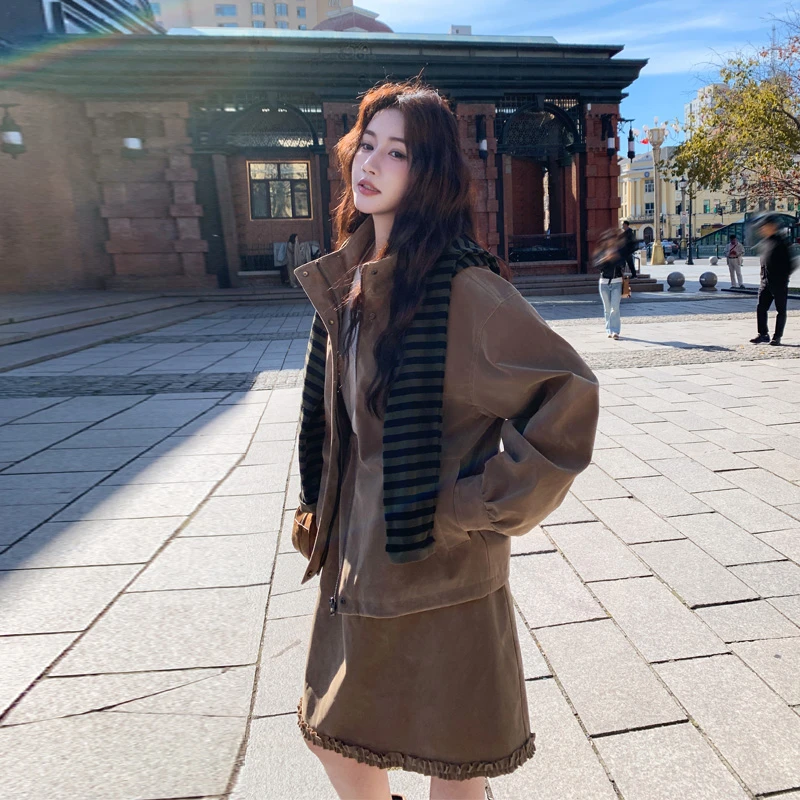 韩系松弛感ins风休闲外套半裙2025春秋新款小众设计感慵懒风套装