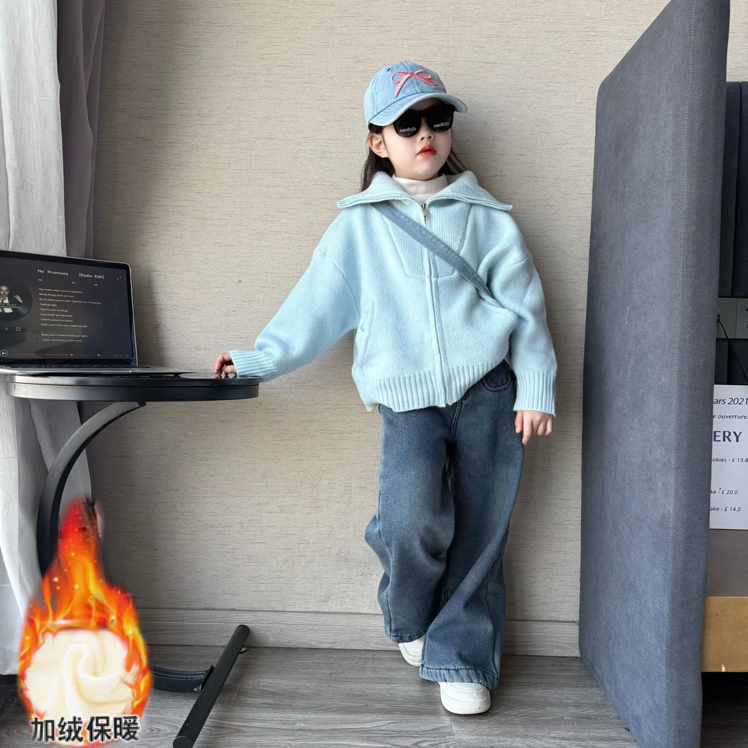 女童秋冬季韩版洋气加厚针织毛衣外套中大童宽松加绒直筒牛仔裤潮