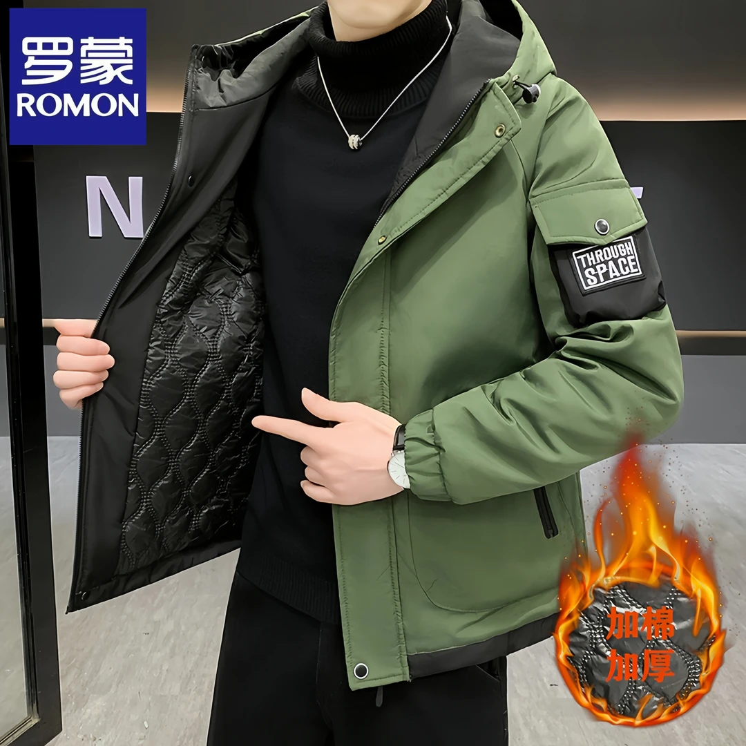 罗蒙男装外套秋冬新款连帽棉衣加棉加厚男休闲冲锋衣保暖防寒棉服