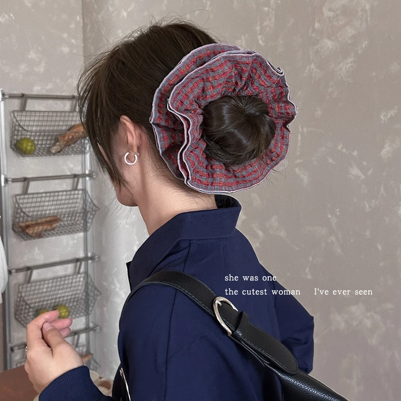 韩系复古灰红格多层大肠发圈女头花头饰发饰2025新款头绳扎头发绳