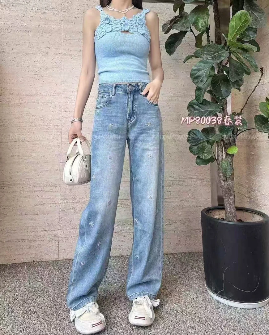 超然新款拖地直筒牛仔裤显瘦设计感宽松垂坠阔腿裤春季新款