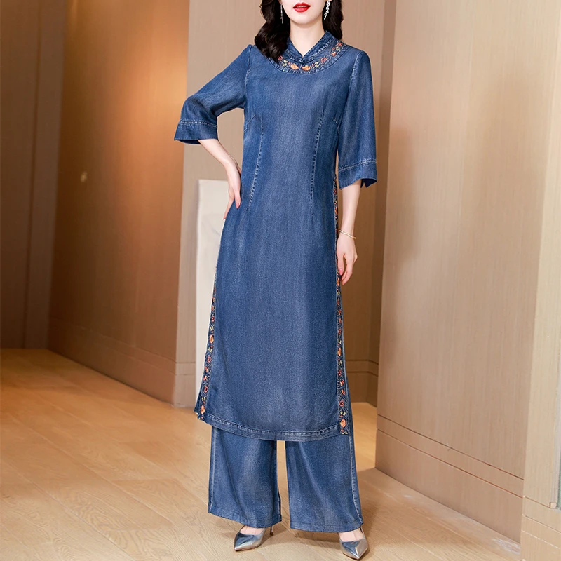 新中式刺绣开叉牛仔连衣裙套装2025夏季新款妈妈装国风裤子两件套